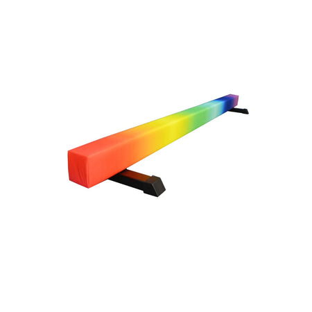 Rainbow Cannons UK 8ft gymnastics balance beam set up outdoors in garden, ideal for kids gymnastics practice.