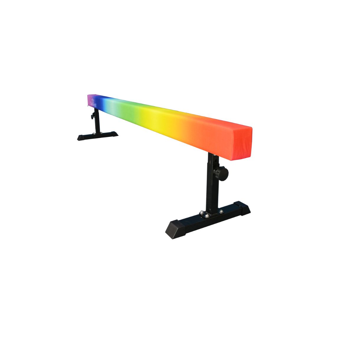 Rainbow Cannons UK 8ft gymnastics training beam side angle shot, fun colourful design for gymnastics practice.
