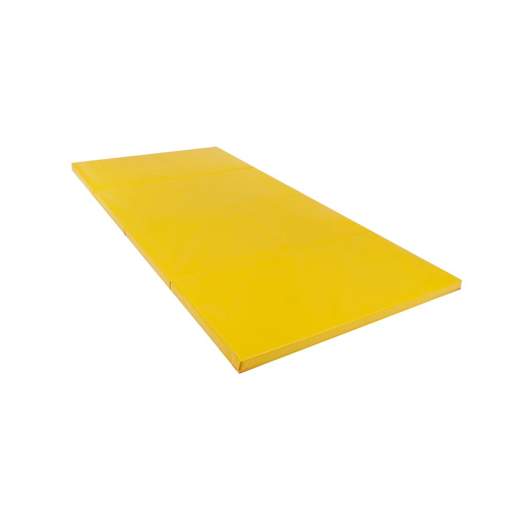 Yellow Cannons UK foldable double mat laid flat for fitness, tumbling, and martial arts.