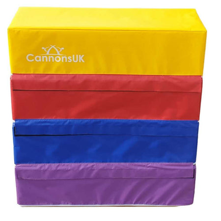 Cannons UK 4 tier foam vaulting box front view with Cannons UK logo and colour tiers for gym setup, conditioning and PE sessions