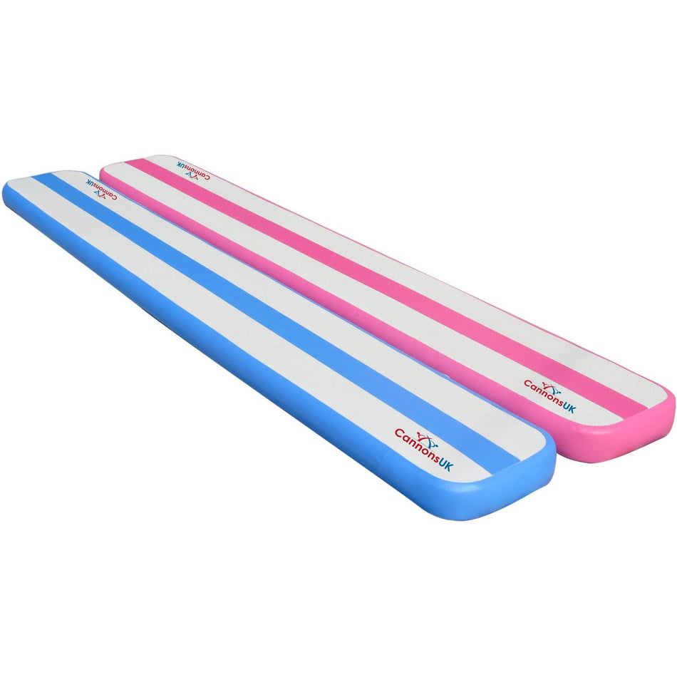 Cannons UK Air Track Pro Air Beam set — pink, blue, shown together; isometric hero on white with 10 cm centre line, rounded corners; available 3 m or 5 m × 40 cm × 10 cm for balance, cartwheels and shaping