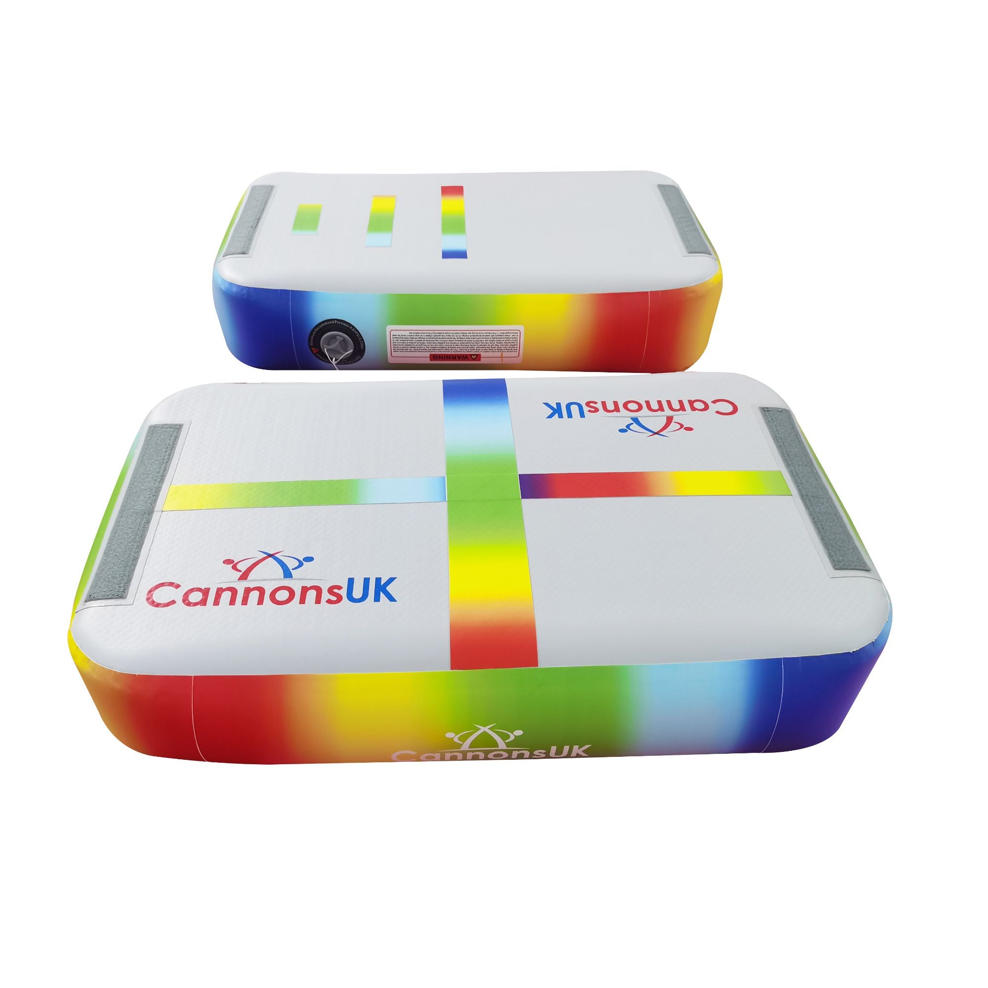 Air Block rainbow — two blocks stacked top-down; multicolour rail band around the sidewalls