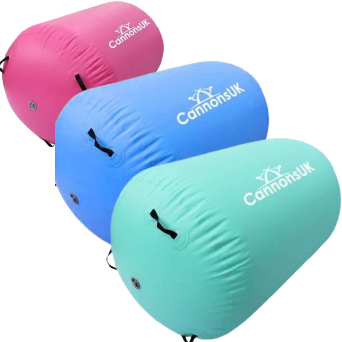 Air Rolls set (pink, blue & mint together) — isometric hero on white; rounded end caps, side handles and valve positions.