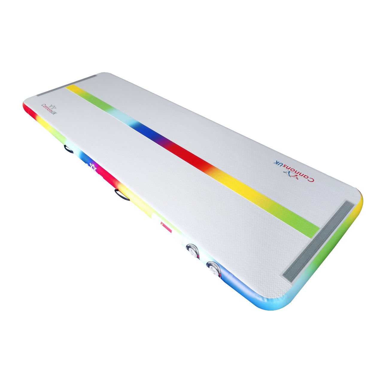 Air Track Pro 3×1×10cm — rainbow rails; low-left three-quarter isometric with end Velcro visible