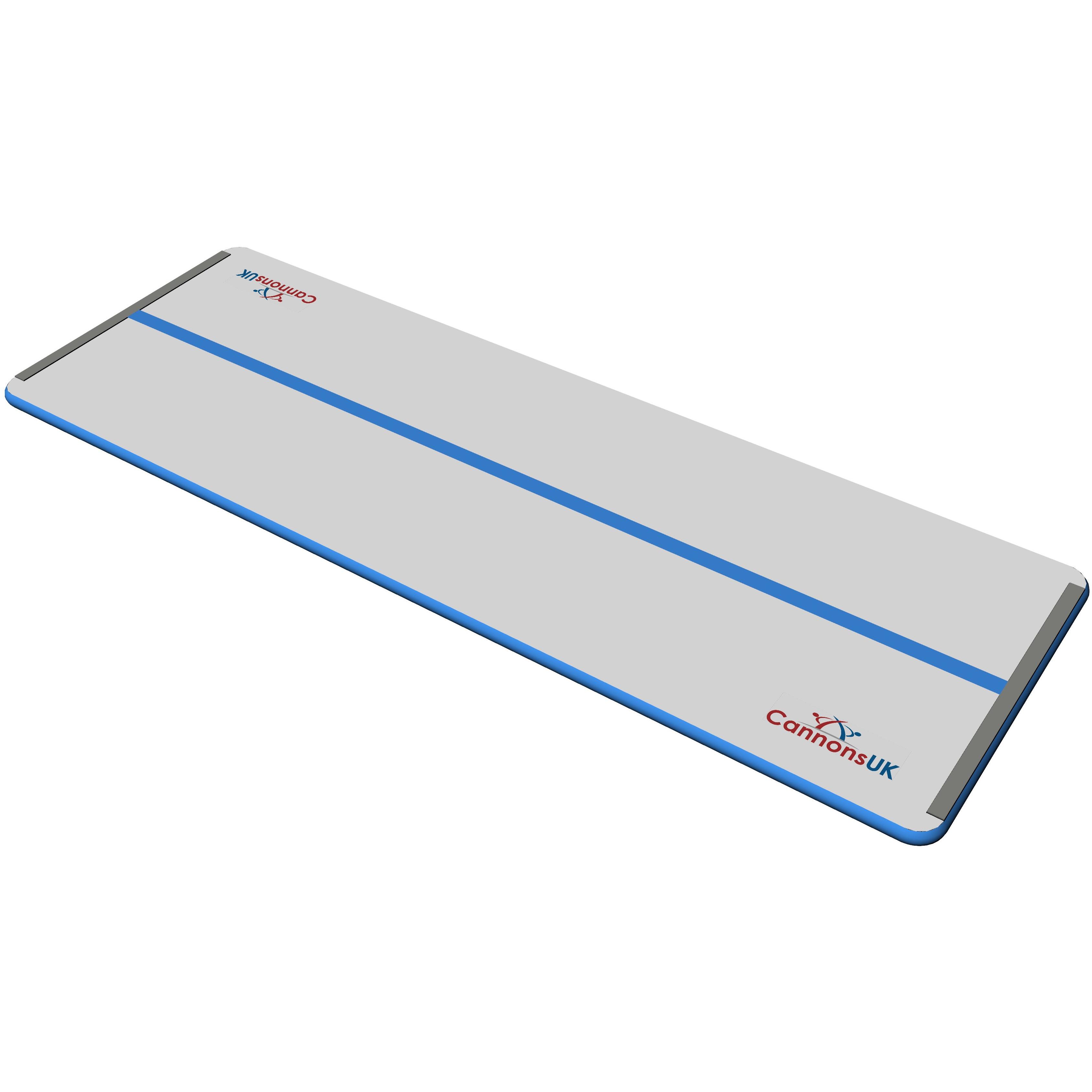Cannons UK Air Track Pro 4m × 2m × 10cm — blue trim isometric hero on white with centre line, Velcro end panel and rounded corners for gymnastics/tumbling.