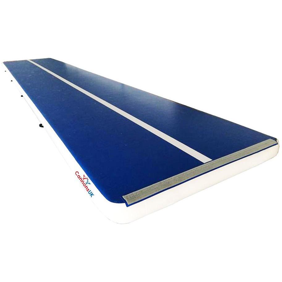 Angled product view of Cannons UK Air Track Pro Air Floor 15m x 2m x 20cm showing centre line and Velcro end for cheer practice and acro drills