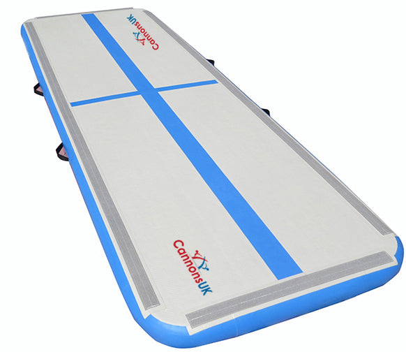 Cannons UK Air Track Pro Air Floor 3m x 1m x 10cm Extreme in blue — isometric hero on white for gymnastics, tumbling and home training.