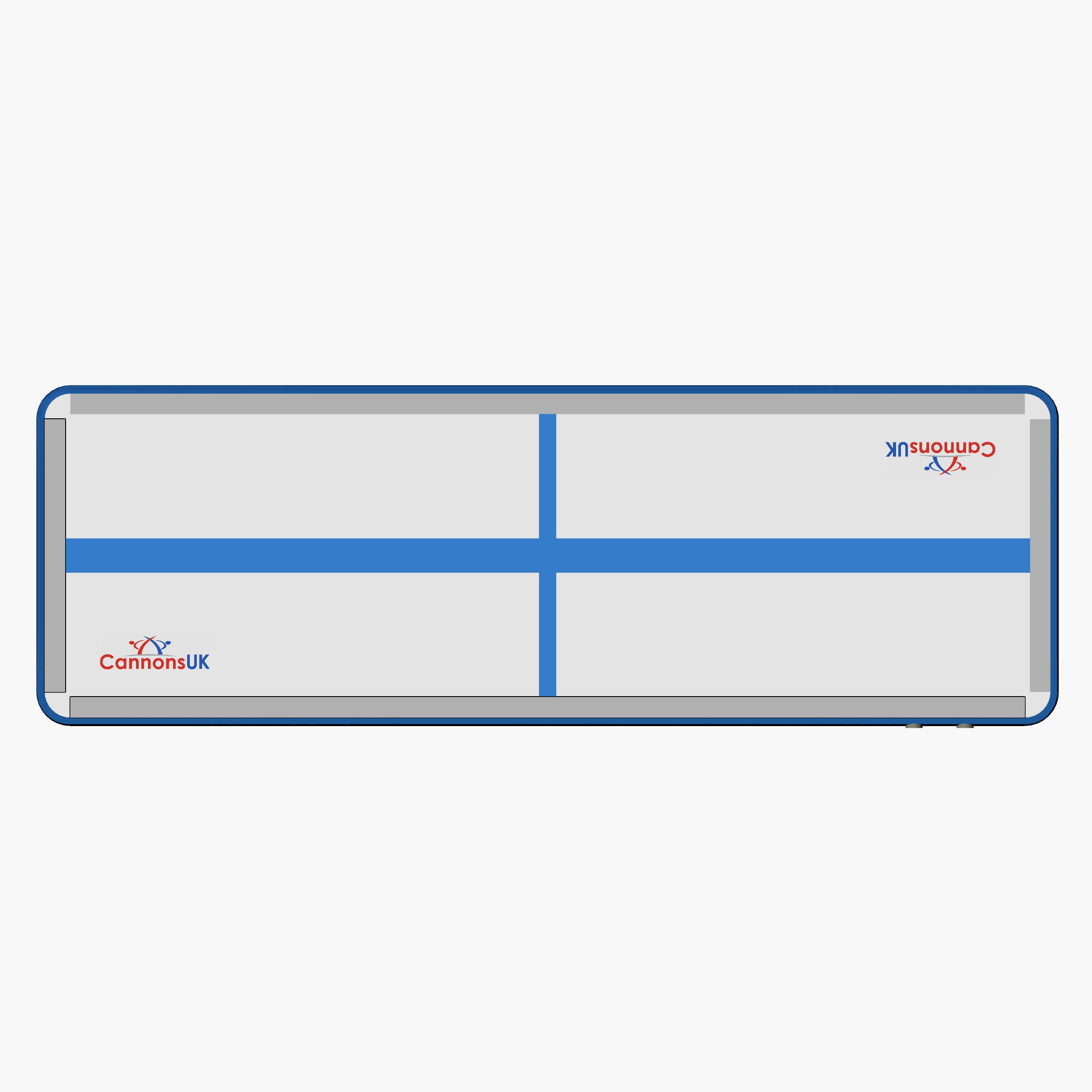 Blue Extreme air floor — flat top view with centre cross line for alignment in gymnastics practice. 