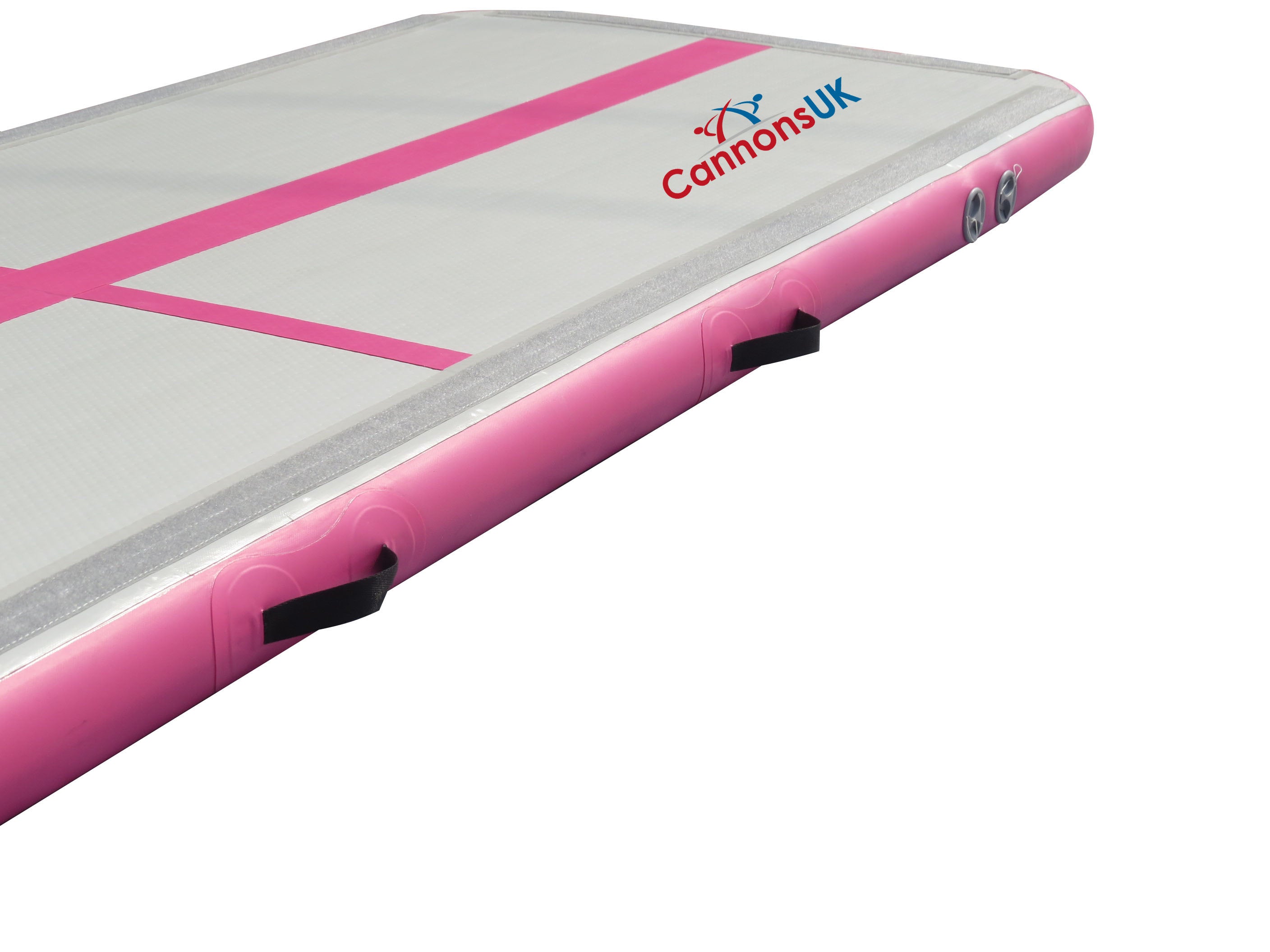 Pink Extreme air floor — side view showing carry handles and valve panel for easy transport and setup. 