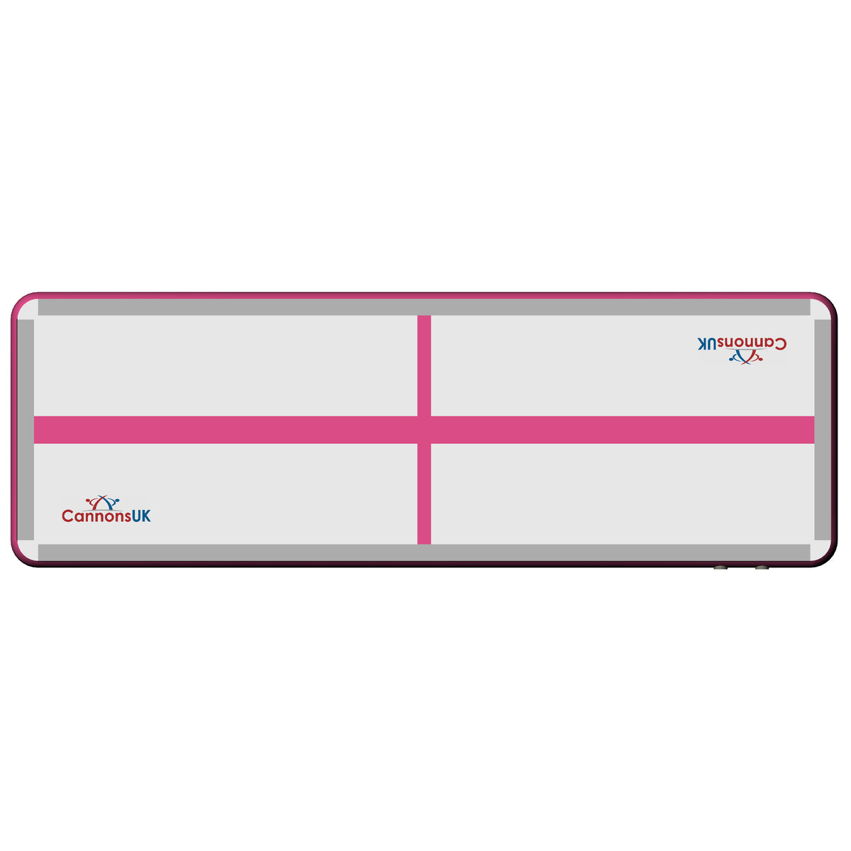 Pink Extreme air floor — flat top view with centre cross line for alignment during tumbling and cheer practice. 