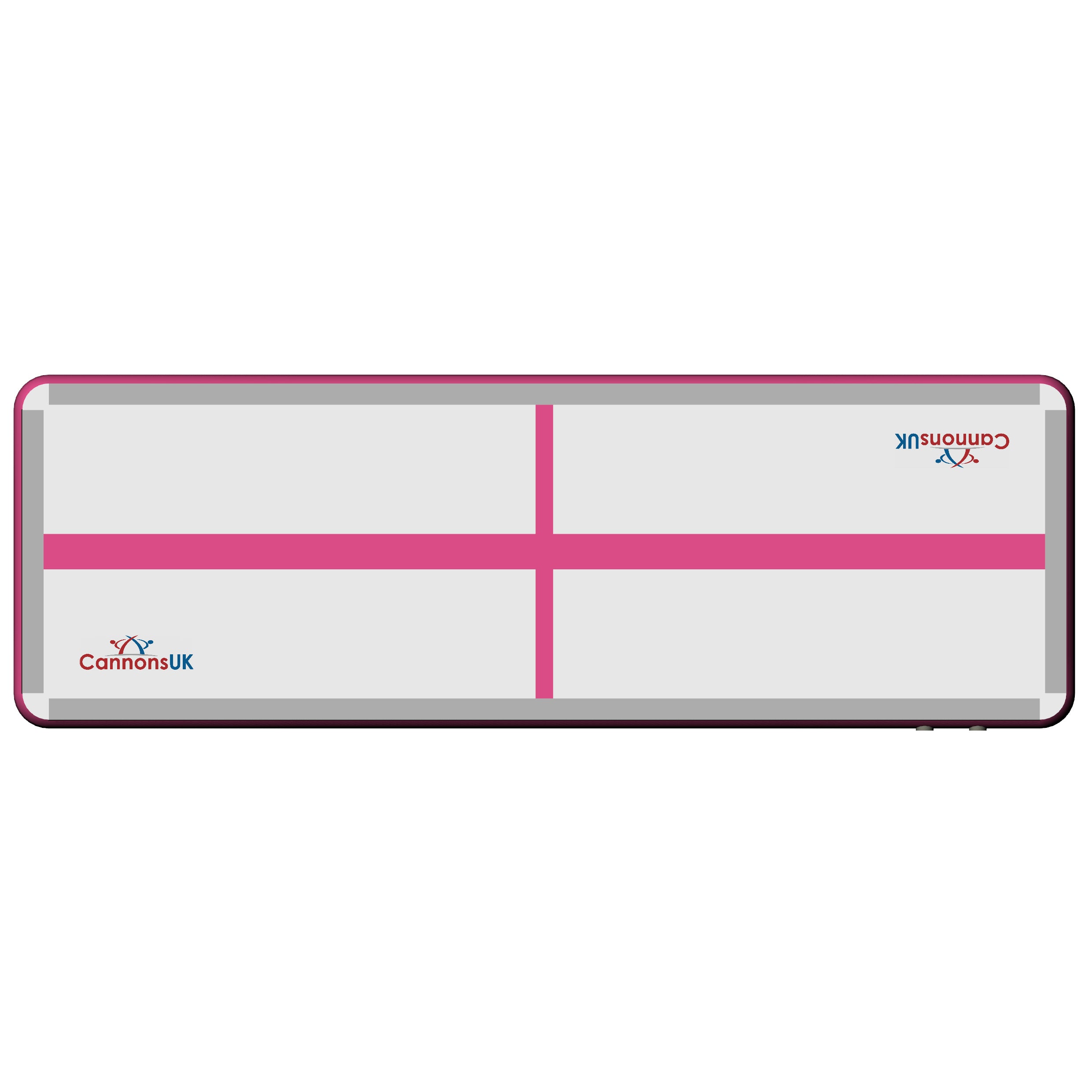 Pink Extreme air floor — flat top view with centre cross line for alignment during tumbling and cheer practice. 