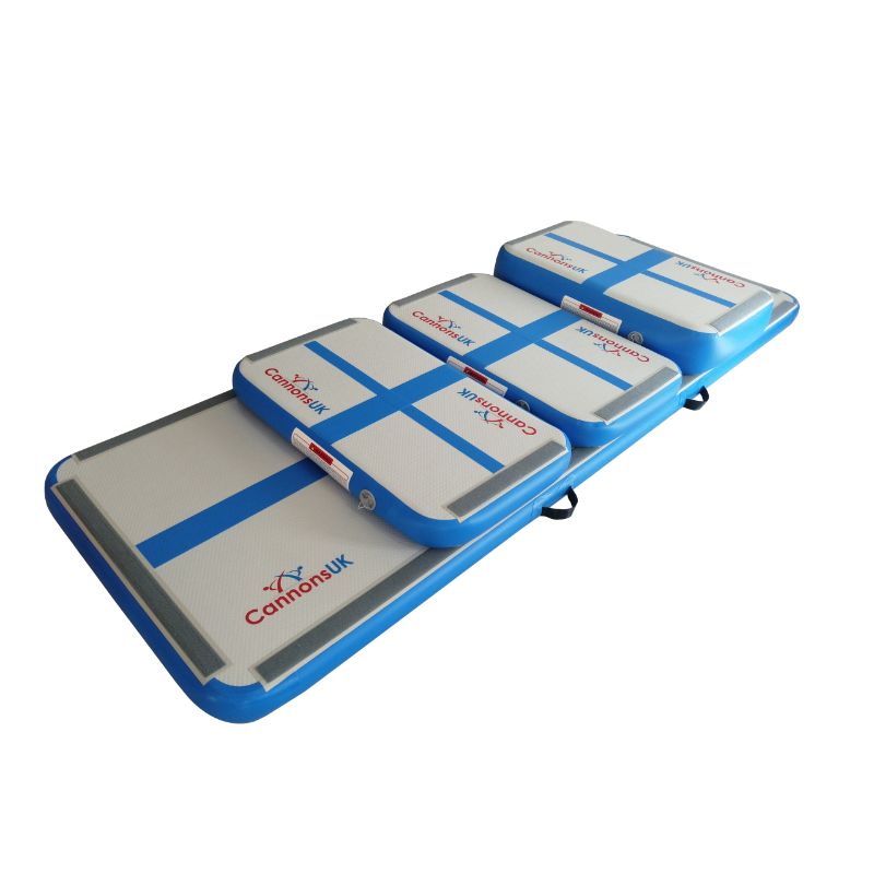 Cannons UK Air Track Pro Training Set – Home Edition (Blue) — isometric hero showing Air Floor Extreme 3×1×10cm with two Air Boards 1×0.6×0.10m and one Air Block 1×0.6×0.20m linked by Velcro straps; portable home gymnastics setup