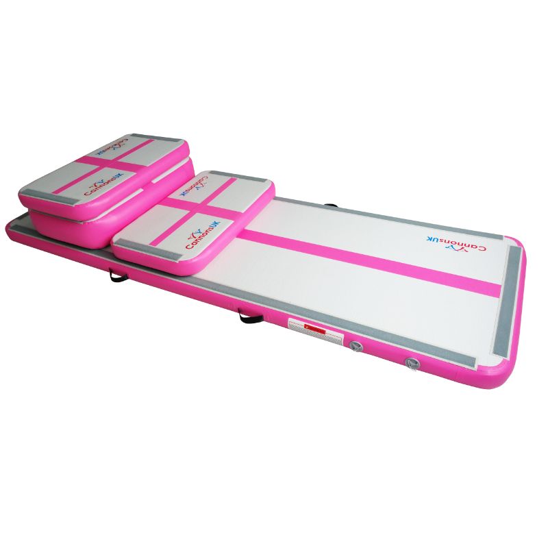 Home Edition Pink — assembled set at left three-quarter angle; boards and block strapped on top of the 3×1×10 air floor for tumbling stations