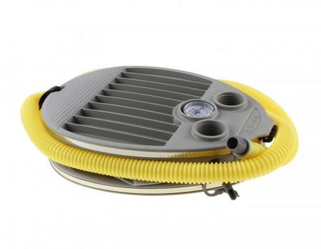 Bravo 8M foot pump with coiled hose and nozzle set — close view of carry loop and fittings for secure valve connection