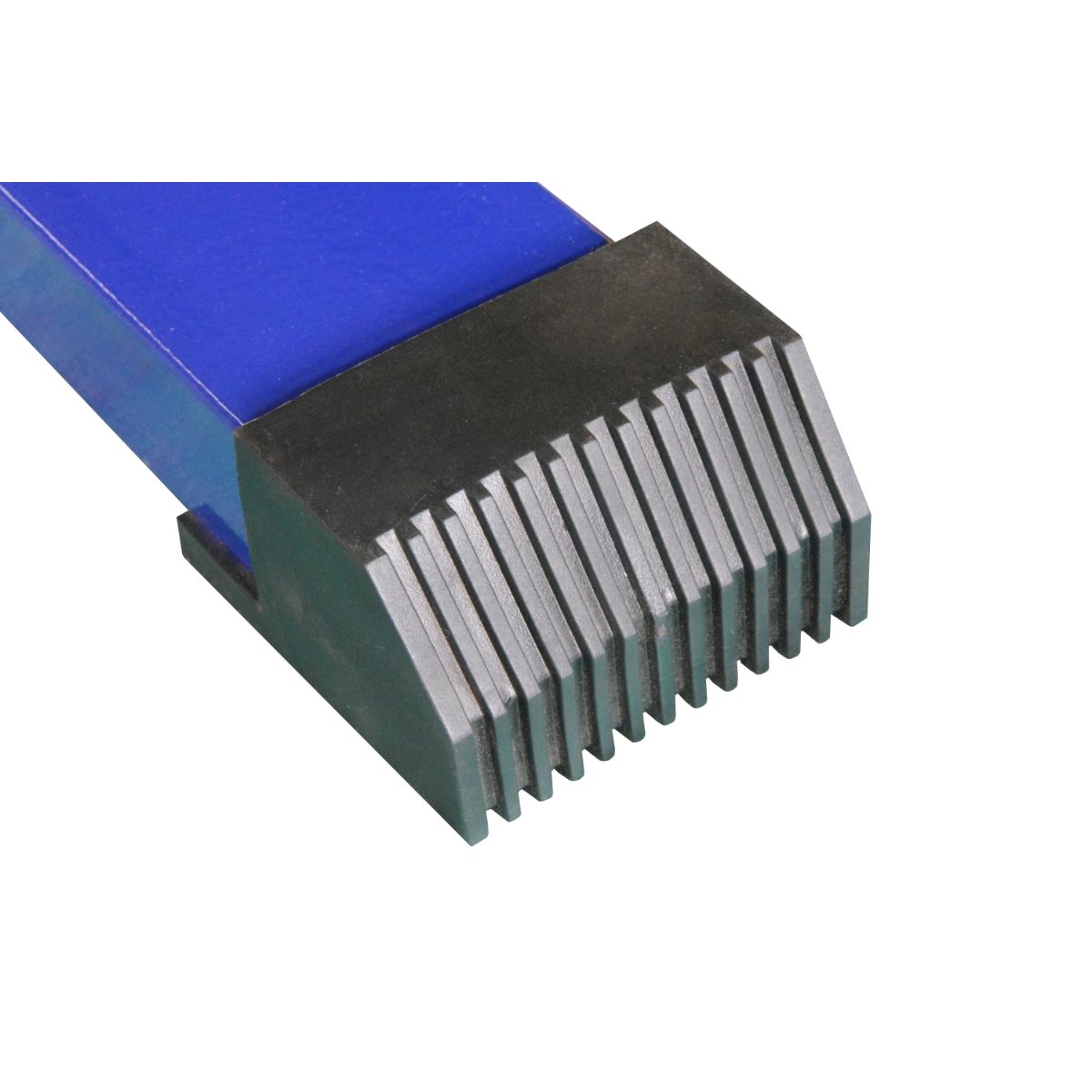 Blue Elite asymmetric bars base foot with ribbed rubber end cap — non-slip stability to protect floors during training. 