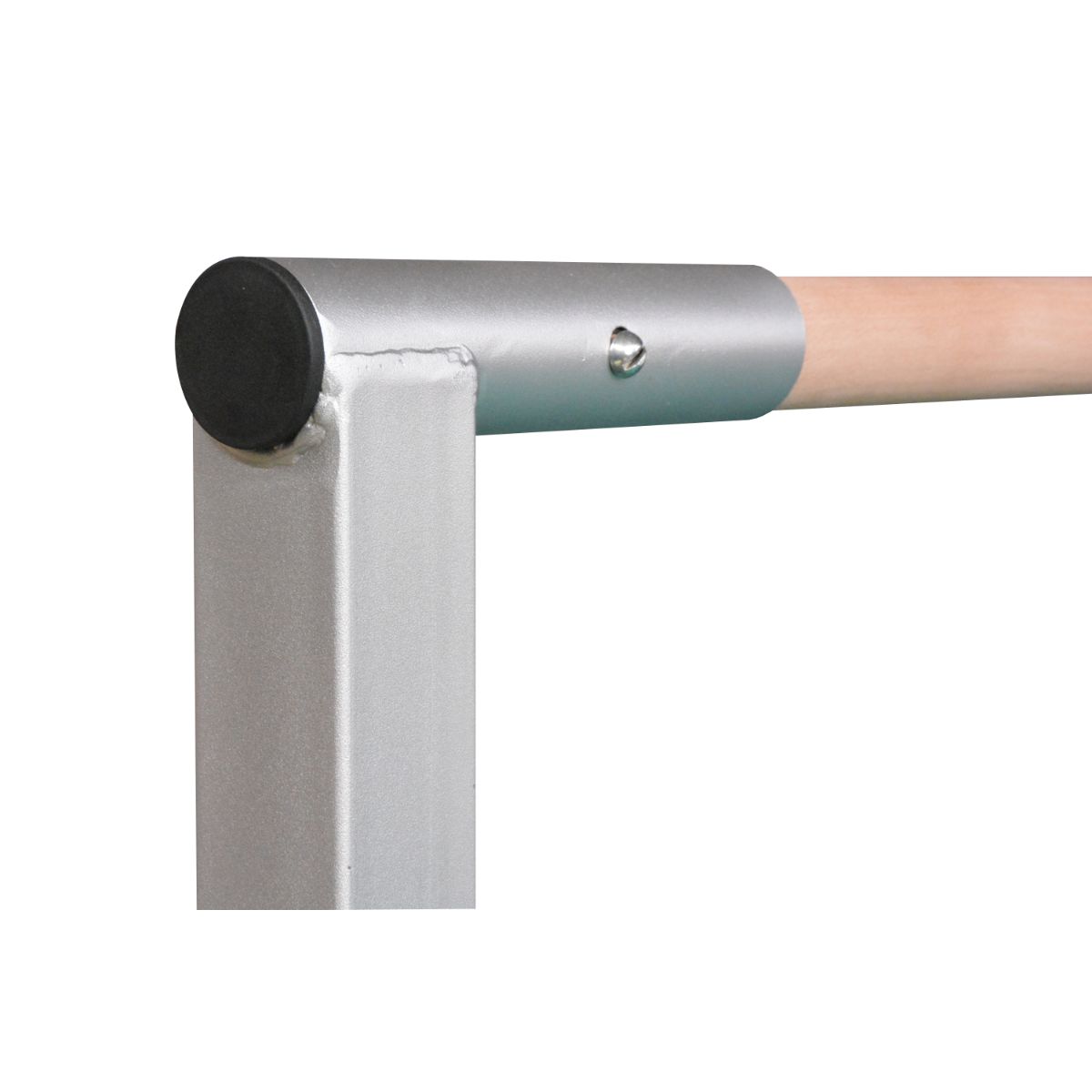 Close-up of blue Elite bar crossbar end and sleeve with wood-veneer look — durable fit and real-gym feel for skills work. 