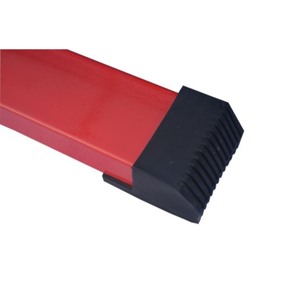 Red Elite asymmetric bars base foot with rubber end cap — non-slip stability for safe gymnastics practice