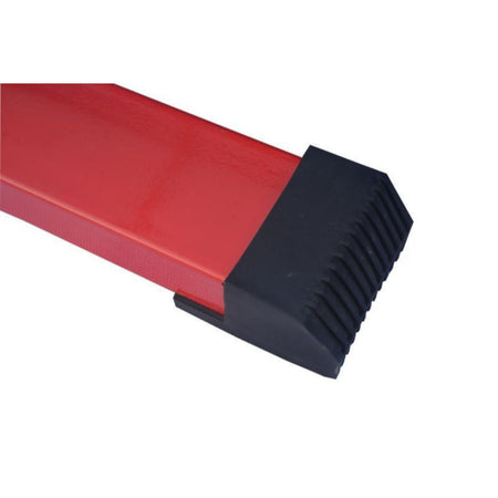 Red Elite asymmetric bars base foot with rubber end cap — non-slip stability for safe gymnastics practice