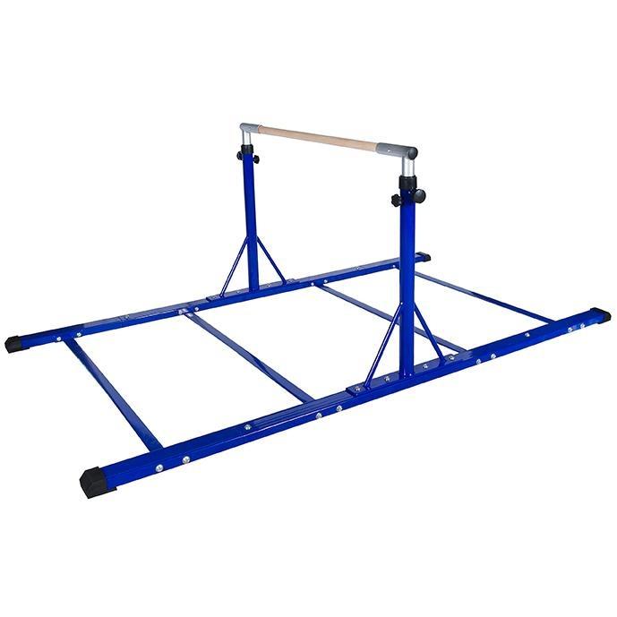 Cannons UK Elite Adjustable Horizontal Bar — Blue, 3–5 ft height on an 8 ft × 4 ft base; fiberglass/wood veneer rail, twin uprights with lock knobs and rubber skid end caps. 