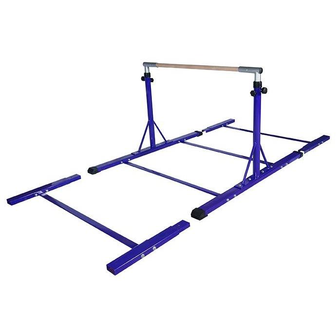 Elite blue adjustable bar with stability extensions included; wide stance frame, adjustable collars (3–5 ft), heavy-duty steel and protective end caps. 