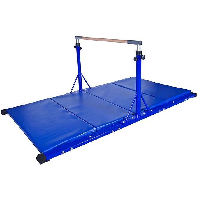 Elite blue bar shown with the optional 8 ft × 4 ft folding mat covering the base — non-slip vinyl top, safe landings for home or club training. 
