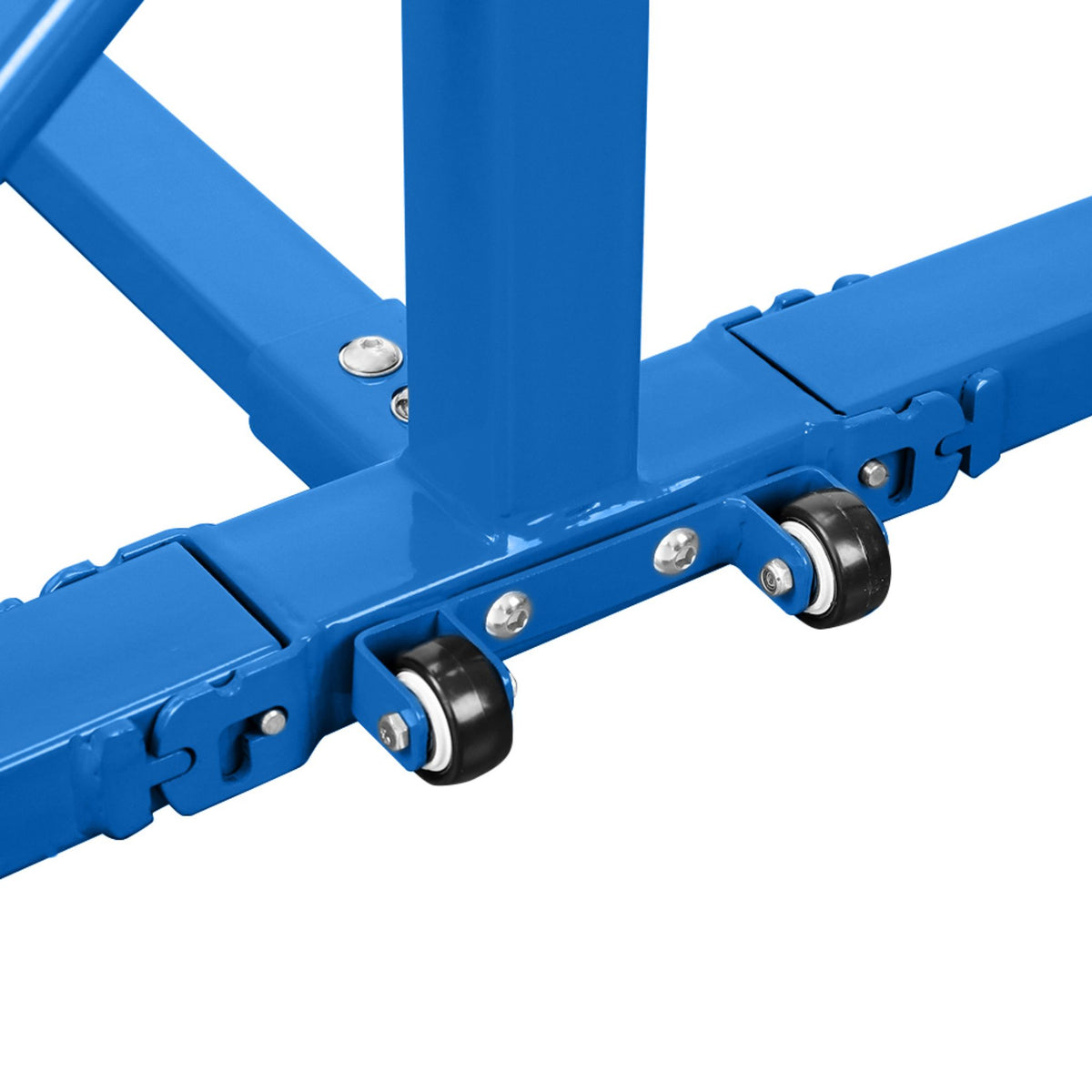 Blue base underside with wheel assembly — fold-and-roll convenience between sessions