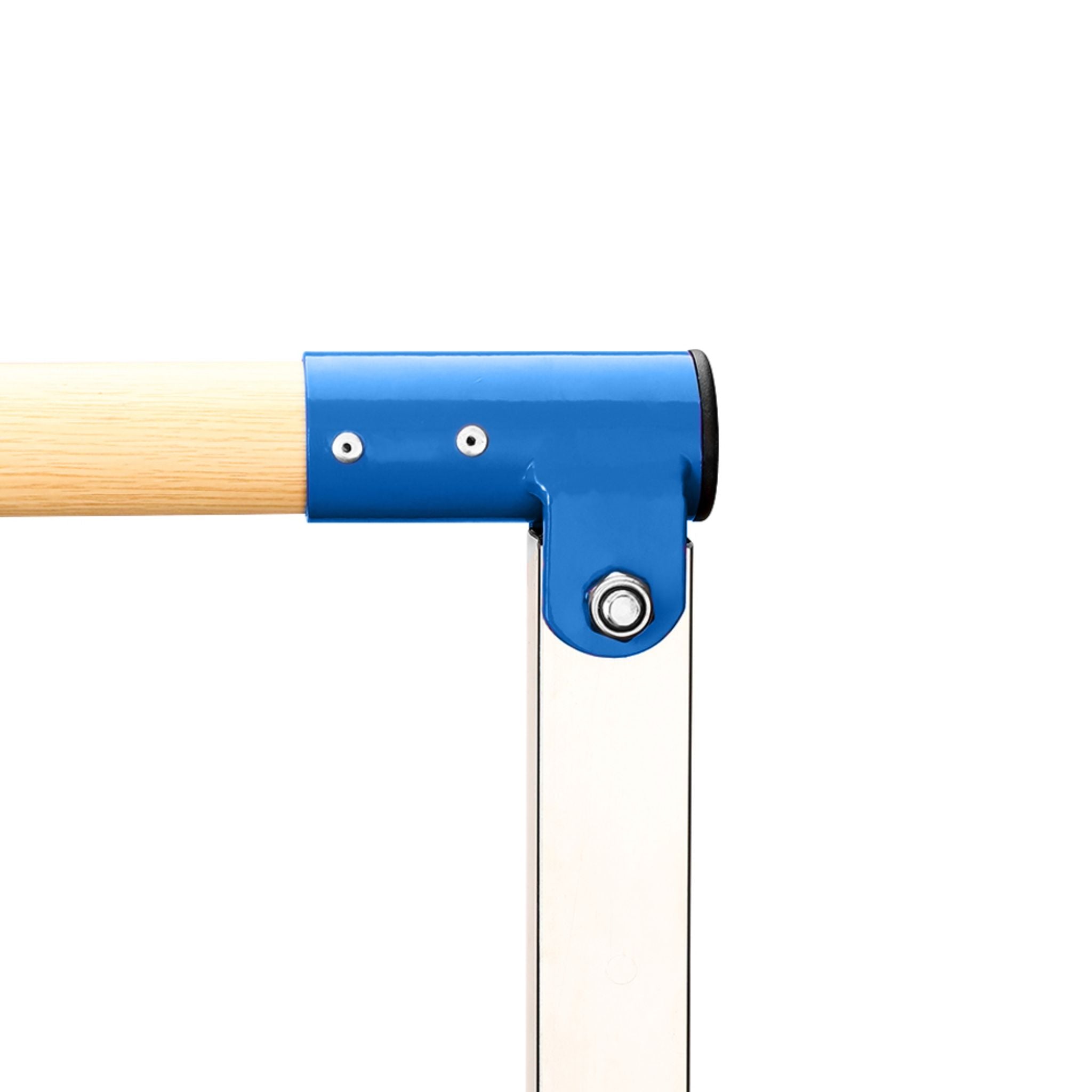 Blue corner joint with crossbar sleeve close-up — rigid build for beginner skills