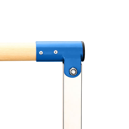 Blue corner joint with crossbar sleeve close-up — rigid build for beginner skills