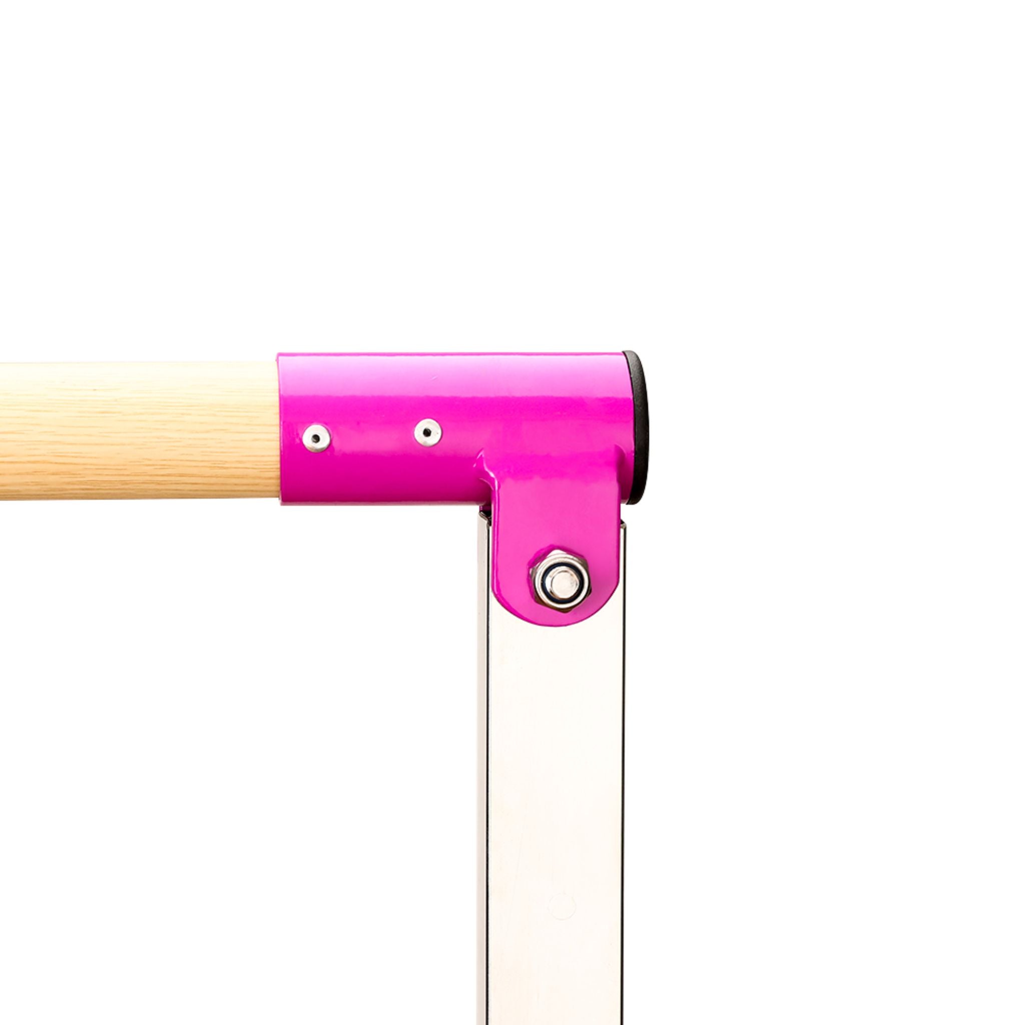 Pink corner joint & crossbar sleeve close-up — sturdy connection for casting and swings