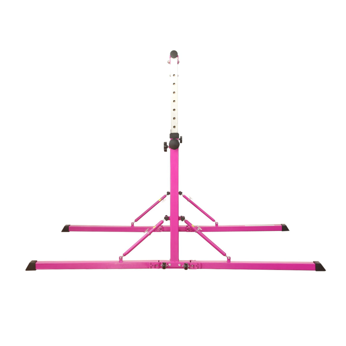 Pink frame side view with numbered height post — quick 3–5 ft adjustment for skills sessions
