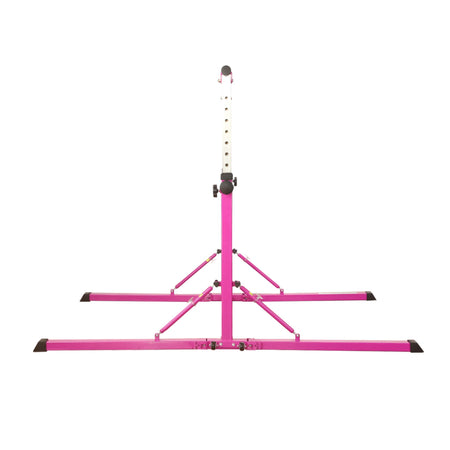 Pink frame side view with numbered height post — quick 3–5 ft adjustment for skills sessions
