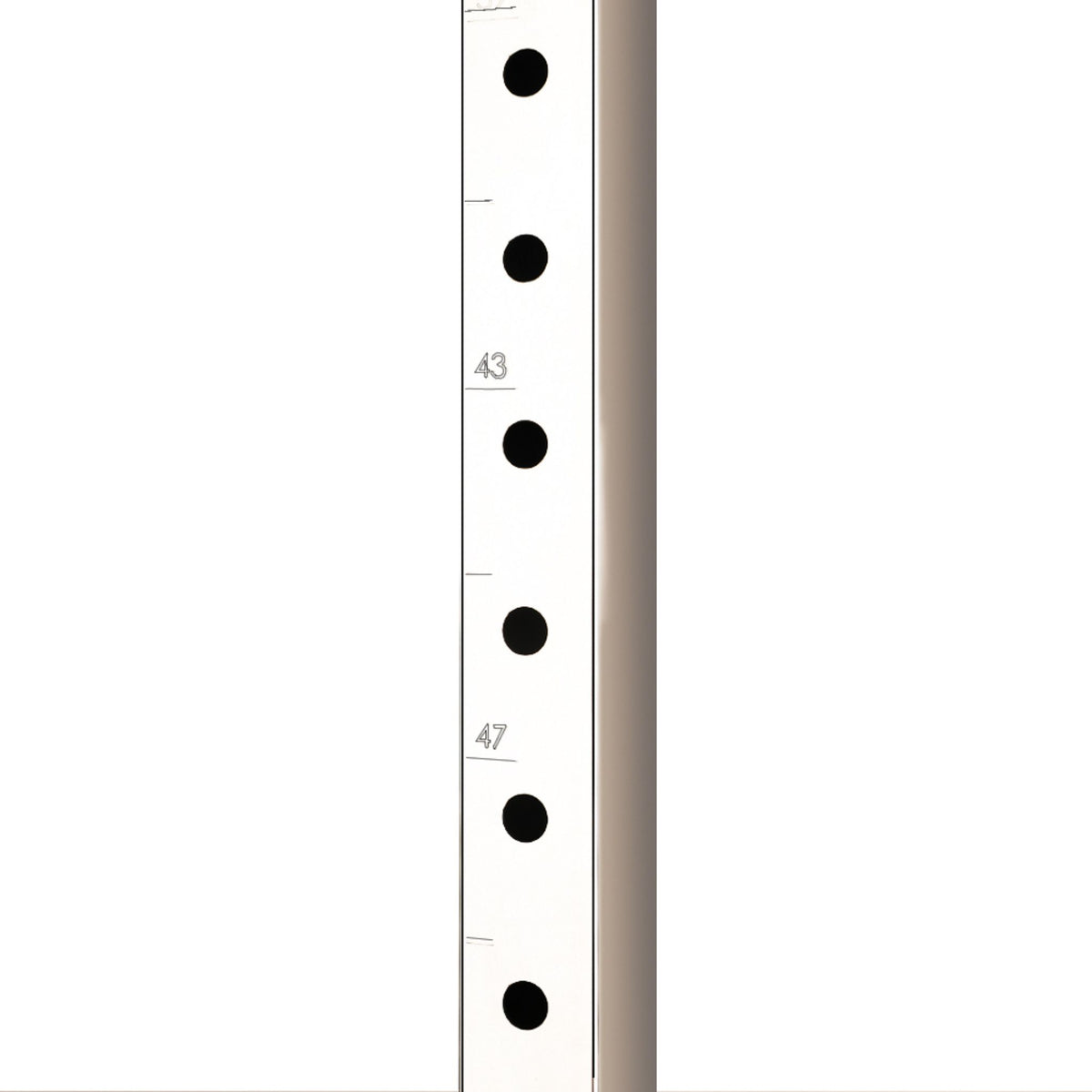 Silver perforated upright with multiple height holes — precise increments for 3–5 ft setups