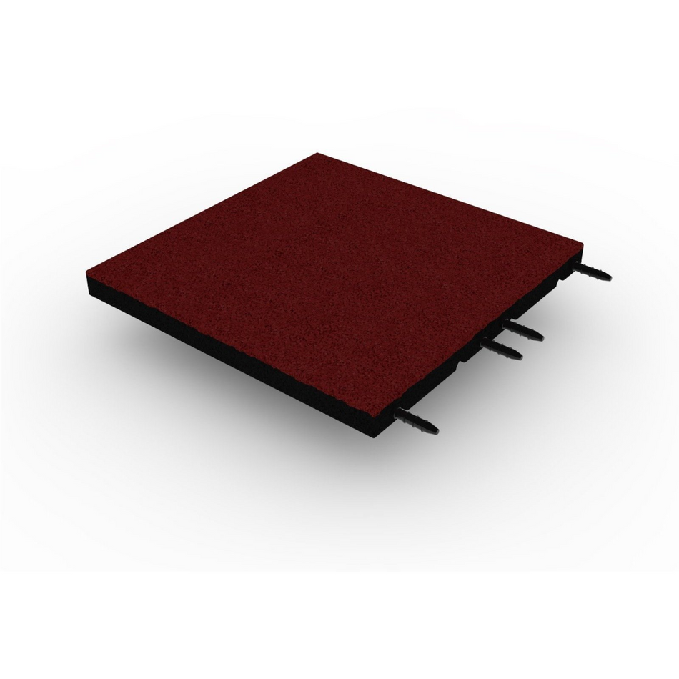 Red 50×50×30 mm tile — studio angle, precision-cut edges, dowel link.