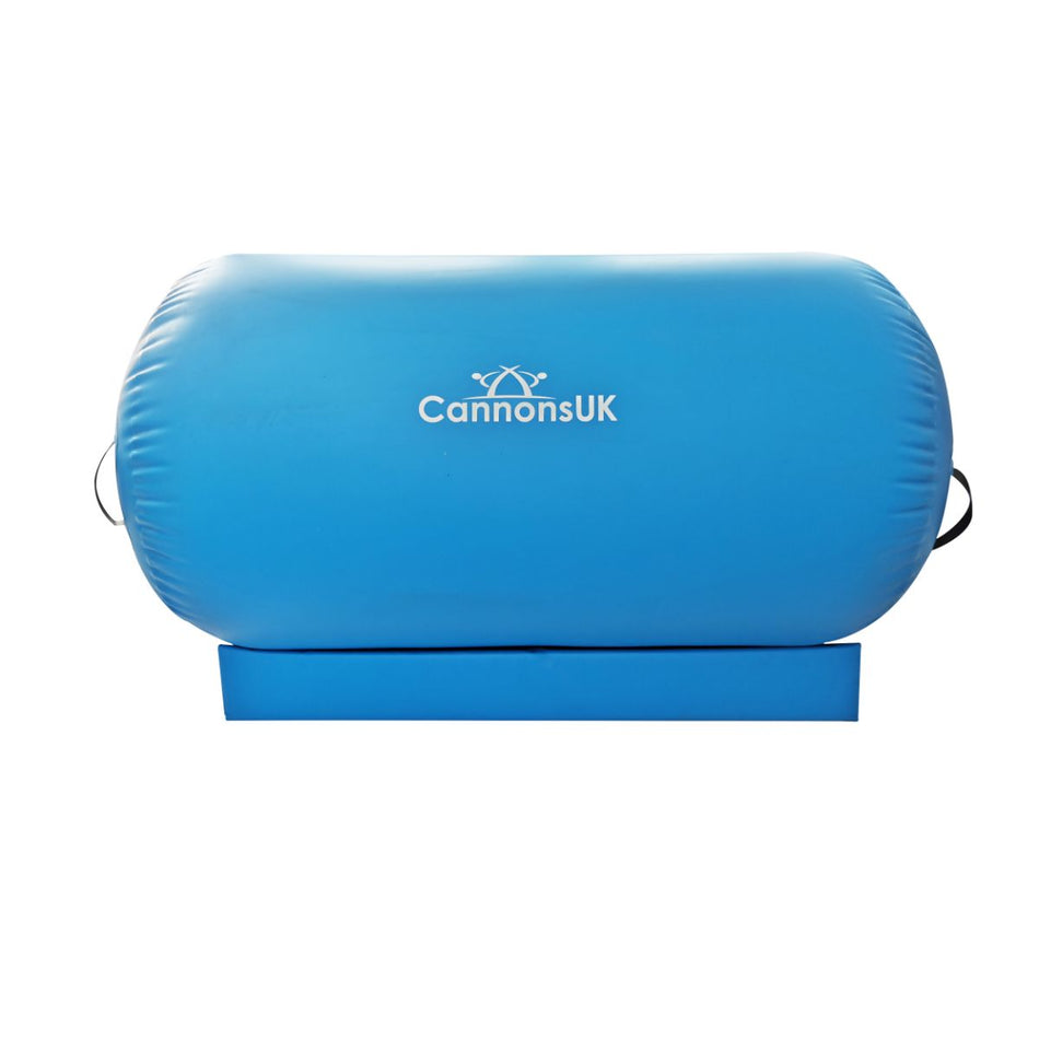 Cannons UK blue air roll resting on wedge cradle side view for shaping, balance and cheer practice