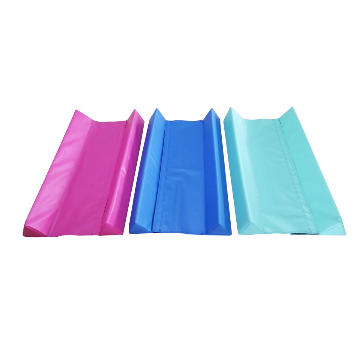 Trio of Pro Air Rolls wedges in blue, mint and pink angled group for air roll stabilisation during gymnastics and tumbling drills