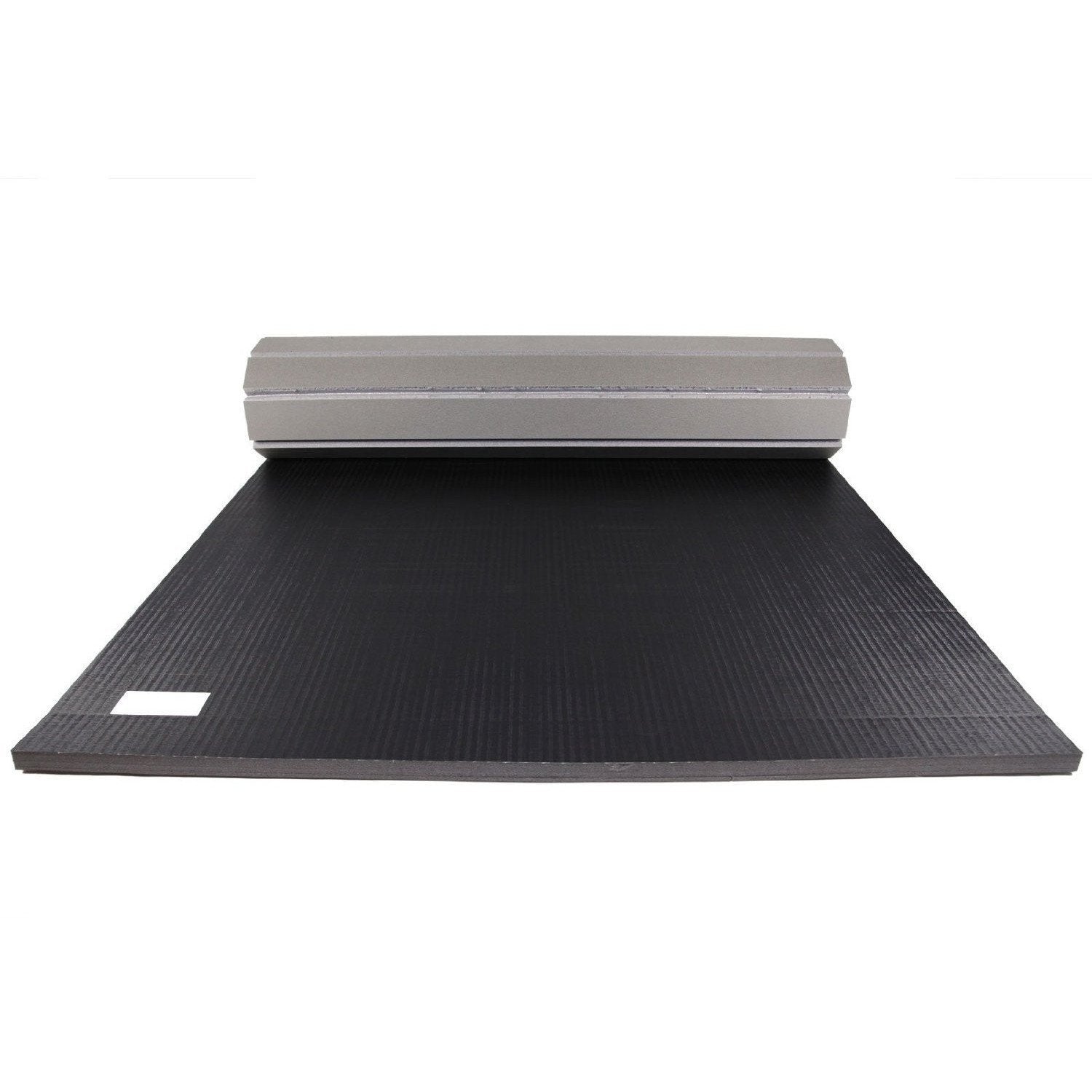 12m rollaway mat vinyl top in black — front view with roll at end showing ribbed texture for traction