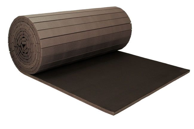 6 m rollaway mat, carpet top black — side view rolled open showing segmented core for fast setup and storage. 