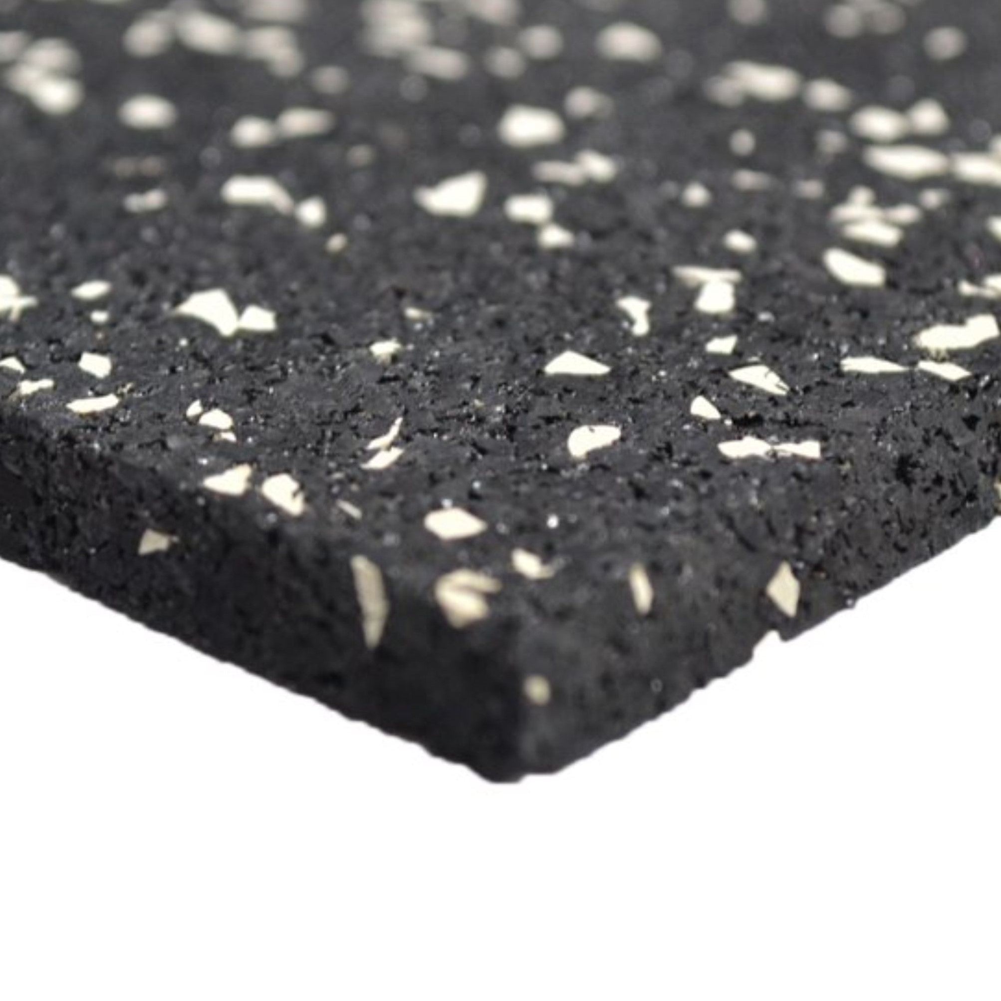 Smirna 8mm white/grey fleck corner close-up on studio white — dense recycled-rubber slab for clean edge finishes