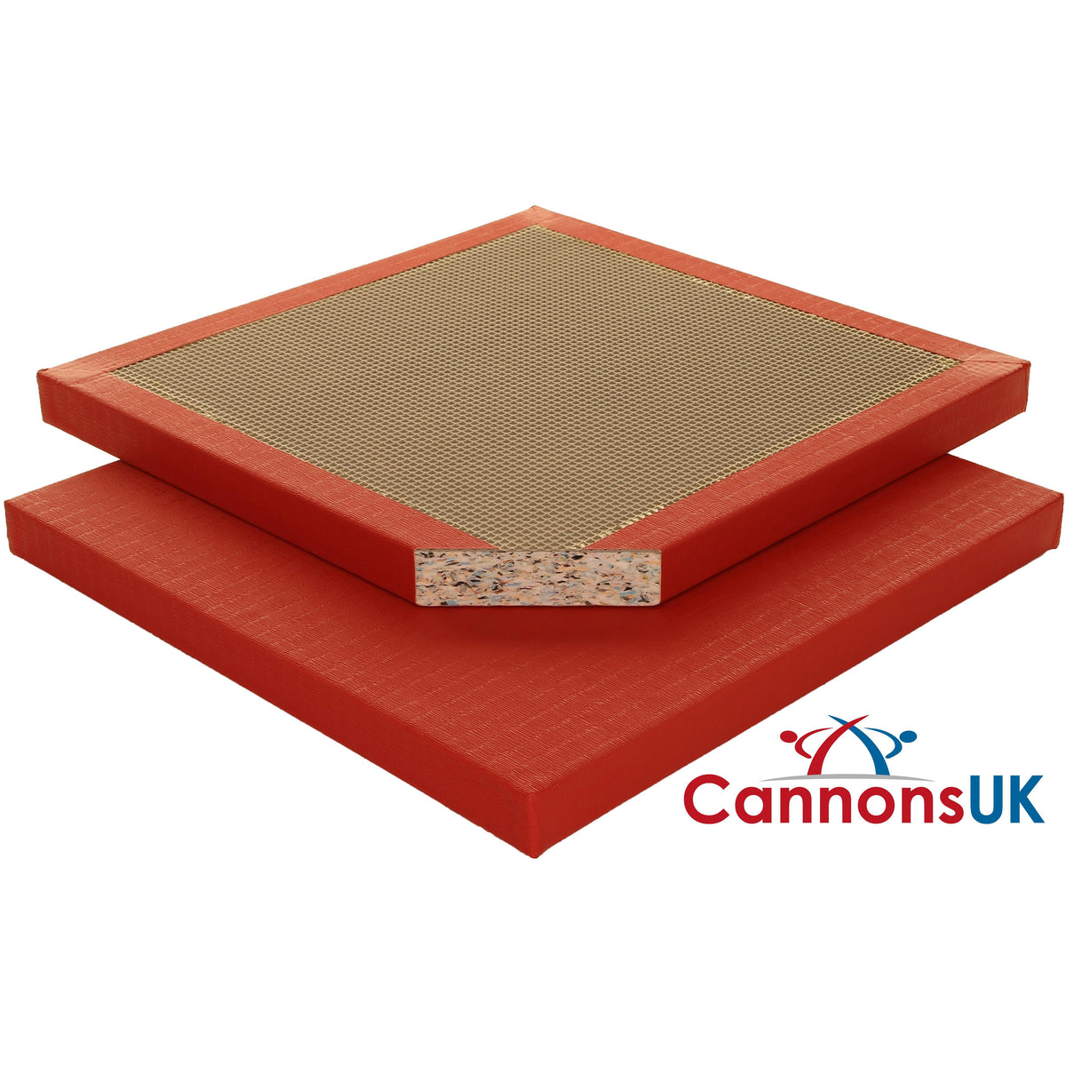 Red 40mm judo training mat with tatami-style vinyl surface and cutaway showing shock-absorbing foam interior.