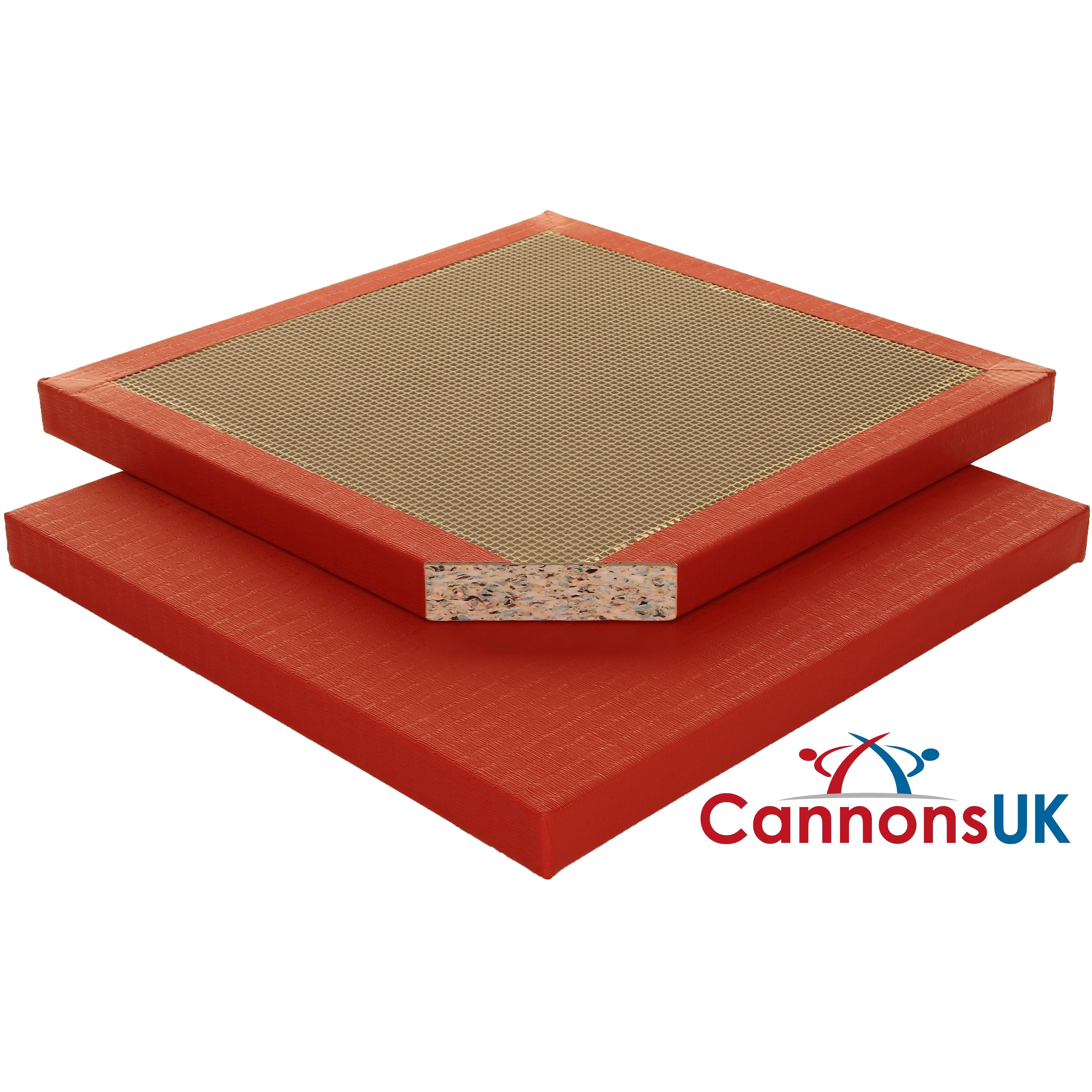 Red 40mm judo training mat with tatami-style vinyl surface and cutaway showing shock-absorbing foam interior.