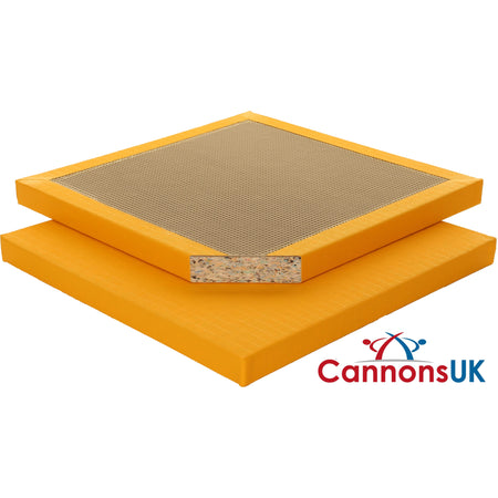 Yellow Cannons UK judo mat 1m × 1m × 40mm with visible foam cutaway and reinforced vinyl cover for martial arts flooring.