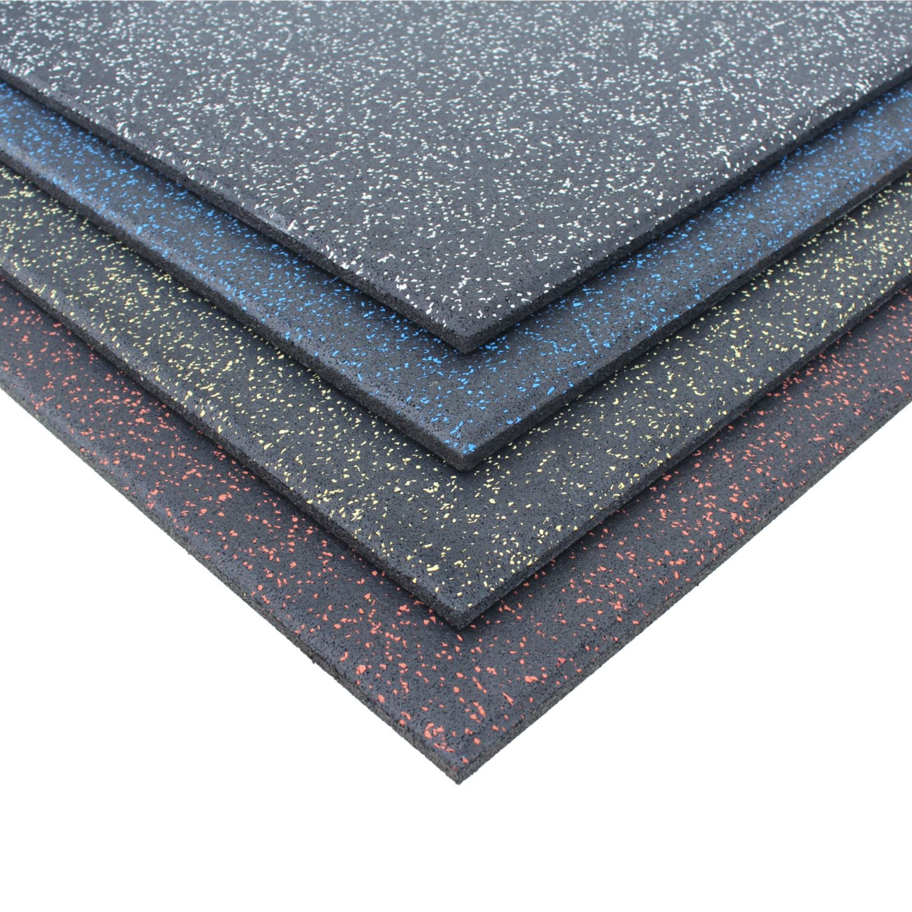 Corner stack of rubber gym tiles – multi-colour visual  
