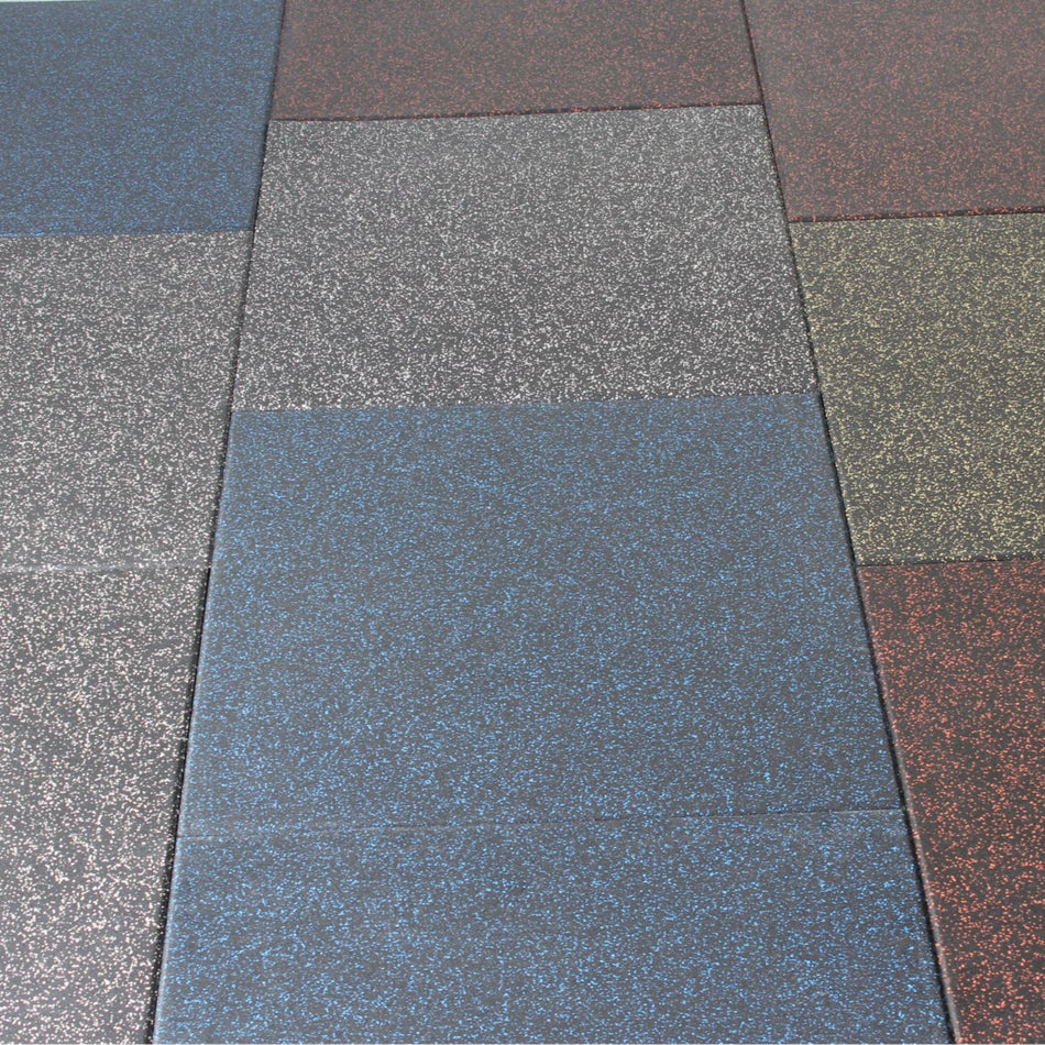 Top-down arrangement of full fleck tile set – blue, red, white, yellow  
