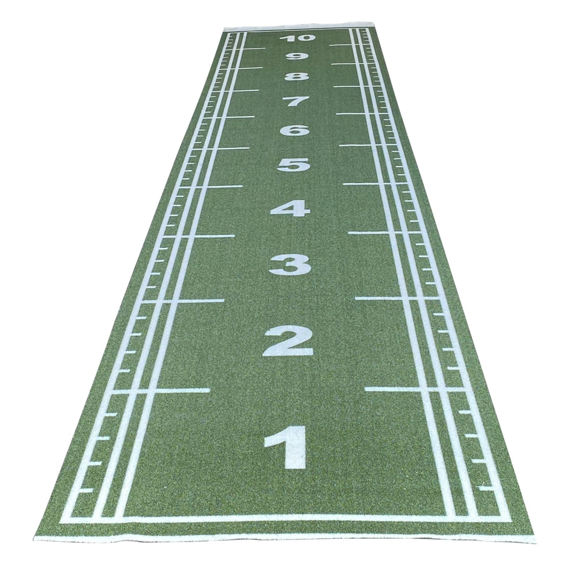 Indoor green synthetic running track with white boundary and numerical markings